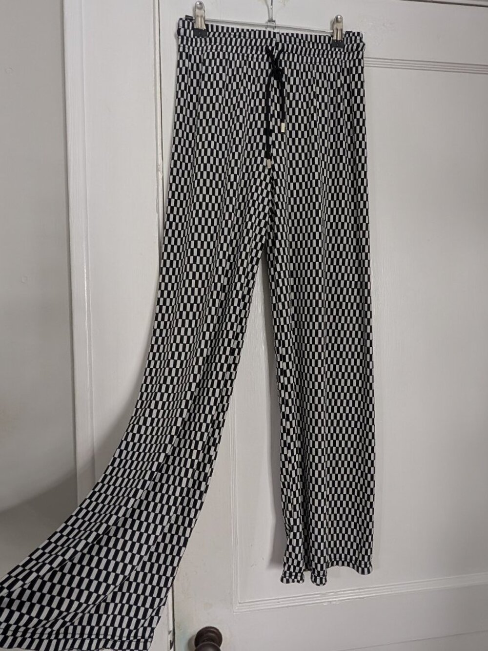 Kathy Women's One Size Black & White Checkerboard Wide Leg Pants Retro Stretch